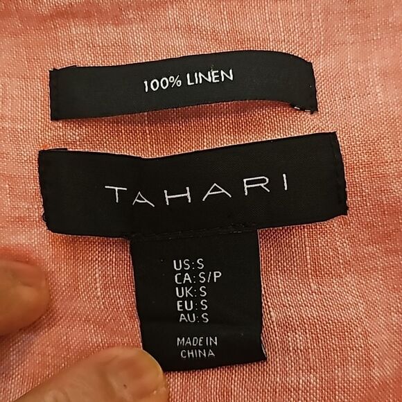 Tahari 100% Linen Collared 3/4 Sleeve Coral Split Shirt S - Picture 6 of 6